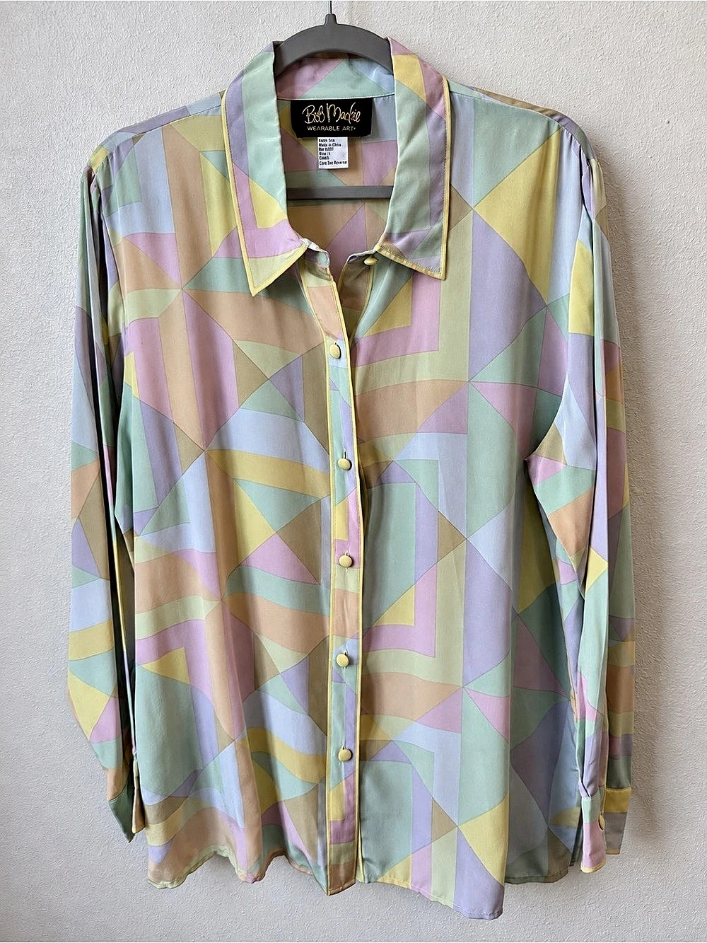 Bob Mackie Silk Blouse L Pastel Geometric Button Front